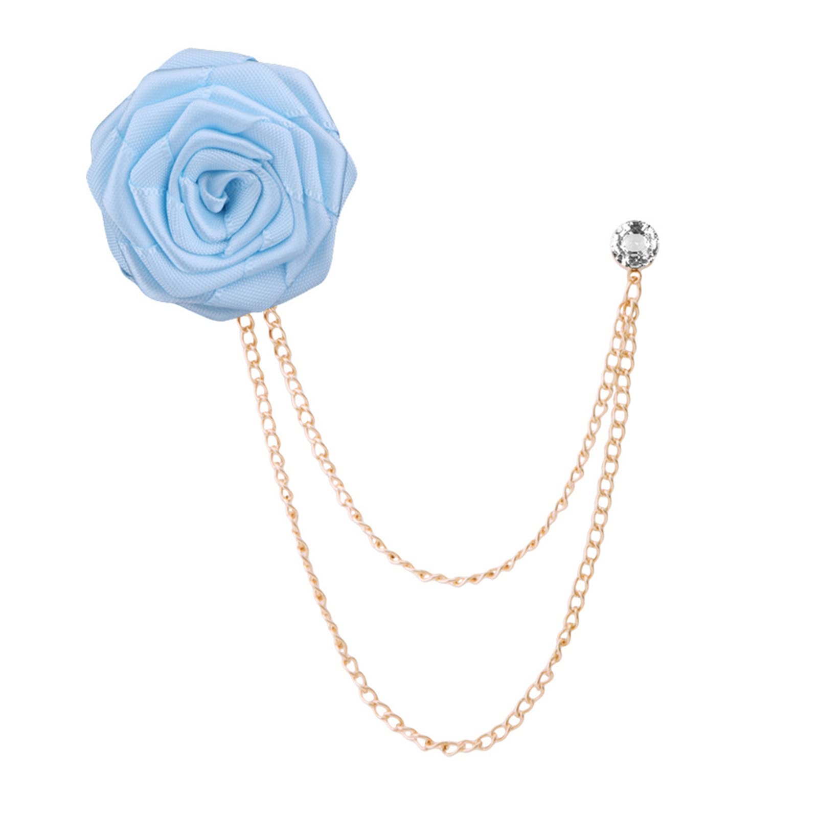 LUOFENG Lapel Pin,Bridegroom Wedding Brooches Cloth Art Hand-made Rose Flower Brooch Lapel Pin Badge Chain Men Suit Accessories, Light Blue