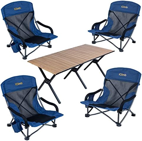 iClimb 4 Low Wide Beach Chair and 1 Lightweight Stable Folding Rectangle Table Bundle, Ultralight Compact for Four Person Outdoor Indoor Beach Camping Glamping Concert