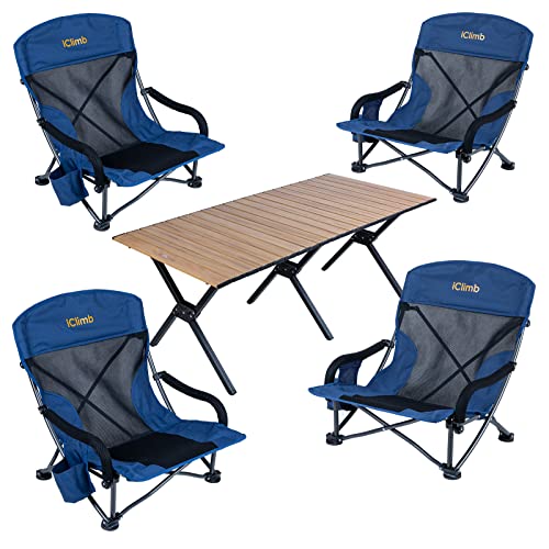 Iclimb 4 Low Wide Beach Chair And 1 Lightweight Stable Folding Rectangle Table Bundle, Ultralight Compact For Four Person Outdoor Indoor Beach Camping Glamping Concert #TOP11