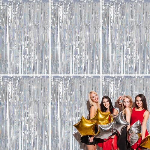 Shyllin 6 Piezas Cortina de Oropel, 1 m x 2 m, Cortina cumpleaños, Party Decoration para Pared de Fotos, Ideal para Fiestas, Sesiones de Fotos, Navidad, Halloween (Plateado)