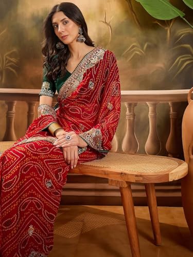 Image of Women's Georgette Bandhani Printed Embroidery Saree with Unstitched Blouse Piece