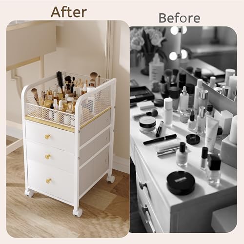 Image of Makeup Organizer Storage Cart with Drawers, Makeup Organizer on Wheels, Rolling Makeup Bathroom Storage Cart, Cosmetic Vanity Display Cases Holder for Nail Polish Brush Hair Tool