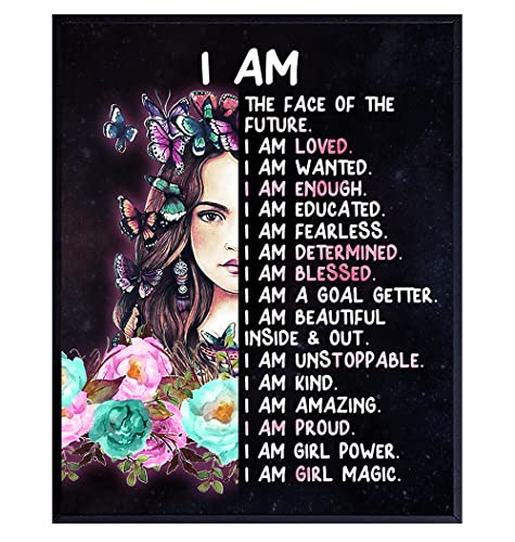 Teen Girls Bedroom Wall Art - Positive Quotes - I Am Tween Little Girls Bedroom Decor - Cute Daughter Gifts - Inspirational Sayings for Wall Decor - Positive Affirmations Decoration Poster 8X10