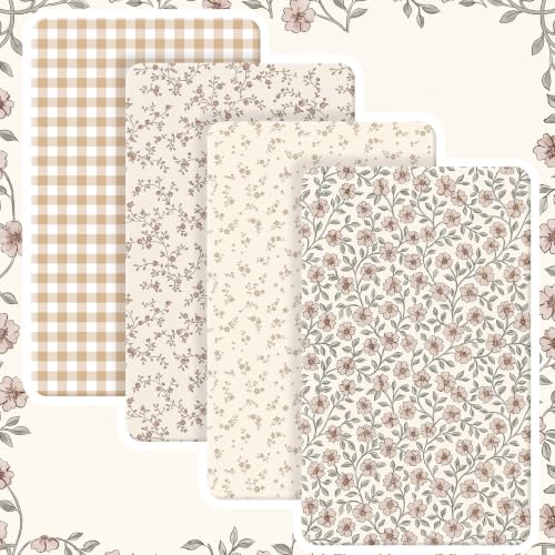 Image of Peryiter 4 Pack Crib Sheets Brown Retro Floral Soft Baby Bed Sheet Set 52'' x 28 inch Nursery Crib Sheets for Standard Bed Toddler Mattress Nursery Decor Boys Girls Kids