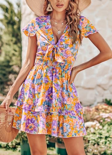 PRETTYGARDEN Women Summer Mini Short Dress 2025 Short Sleeve Casual Beach Vacation Sundress V Neck Tiered Sun Dresses