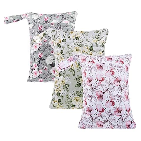 MOMIGO 3 pcs/set Wet Dry Bags for Baby Cloth Diapers - Reusable Washable for Stroller, Diapers, Travel Bags, Gym Bag 11.8 * 15.7 inch (Flower) Cover