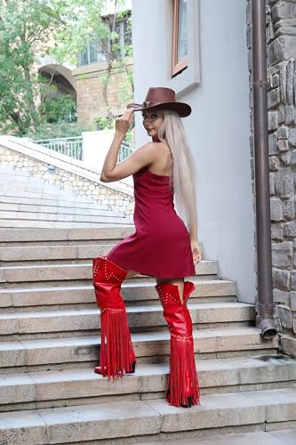 Image of richealnini Western Thigh High Cowboy Boots with Fringe Over Knee Wide Calf Cowgirl Boots