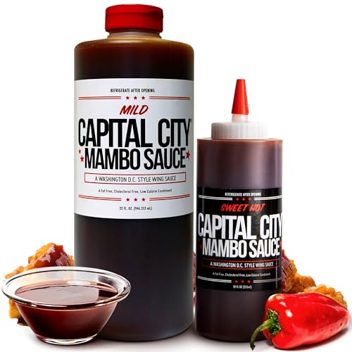 Capital City Mambo Sauce Sweet Hot & Mild Variety Pack, Washington DC Wing Sauces, Perfect Condiment for Wings Chicken Pork Beef Seafood Burgers Rice or Noodles, 32oz & 12oz (2 Pack)