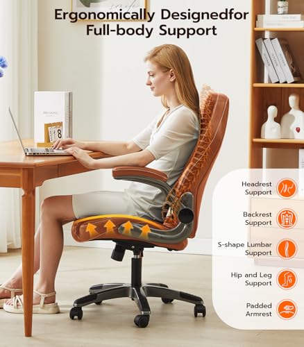 Office Desk Chair, Ergonomic Computer Chair with Padded Flip-Up Arms and Adjustable Lumbar Support, PU Leather Executive Chair with Tilt Lock and 360° Swivel Rolling Wheels for Work, Study