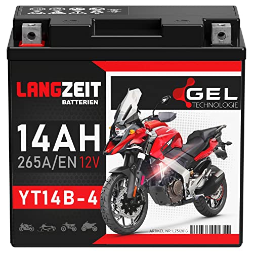 LANGZEIT YT14B-4 Batterie de démarrage pour moto 12V 14Ah 265A/EN, Gel, 51201 51422 GT14B-4 YT14B-BS Motorcycle, Scooter, Quad, sans entretien, scelleé,...