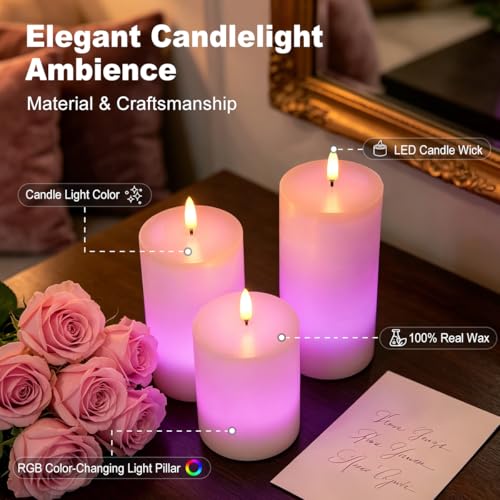 Image of LEDHOLYT Rechargeable Flameless Candles, RGB Color Changing Realistic Flickering Flameless Candles with Remote & Timer, Set of 3