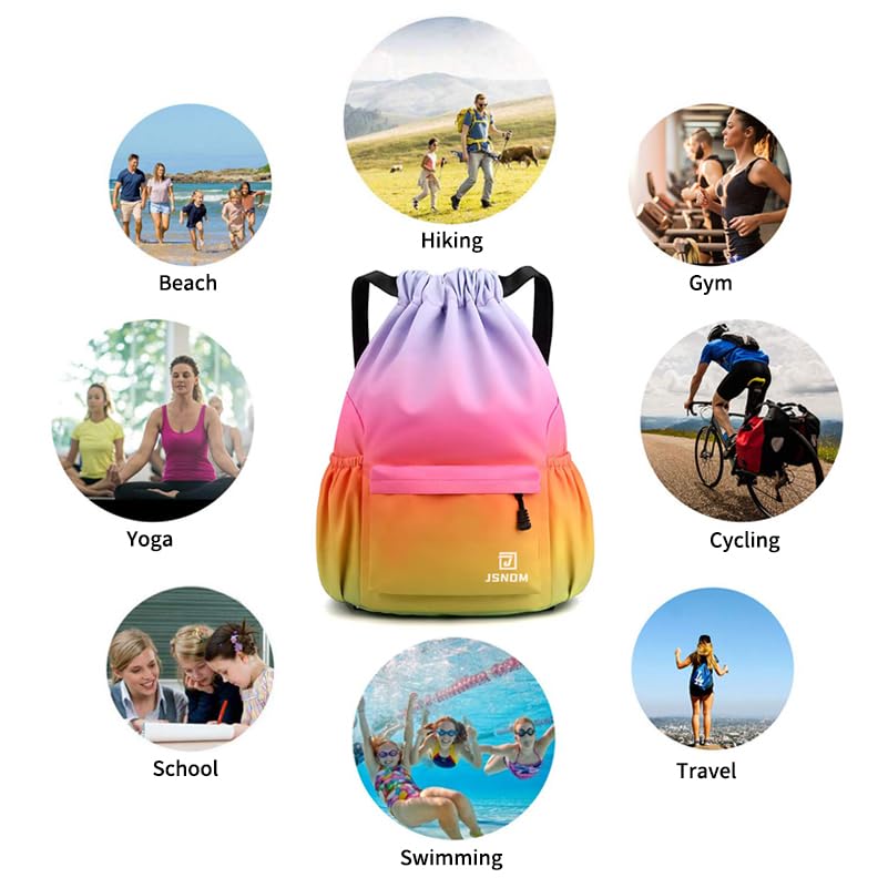 JSNOM Drawstring Gym Bags Waterproof : Large Sports Travel Yoga School Rucksack Backpack with Zip Pocket for Men Women (Rainbow, L) - Image 3