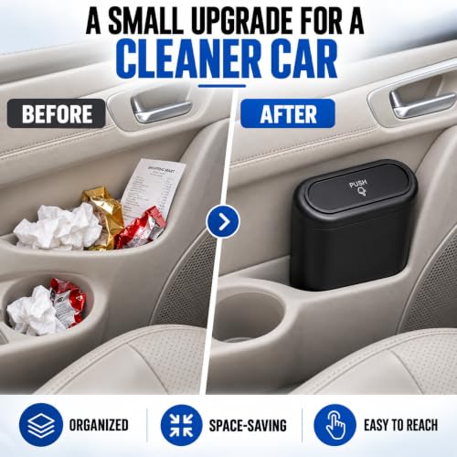 Image of Mini Car Trash Bin with Lid, Hanging Vehicle Dustbin with Back Clip and Push-Open Clamshell Design for Door Panel, Seat Back and Interior Storage
