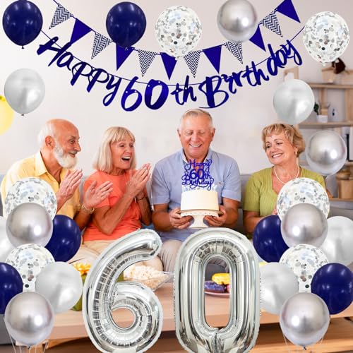 Image of 60th Birthday Decorations for Men Women, Blue Silver White Birthday Balloons, Blue Happy 60th Banner Cake Topper Number 60 Foil Balloon for 60 Year Old Party Decoration