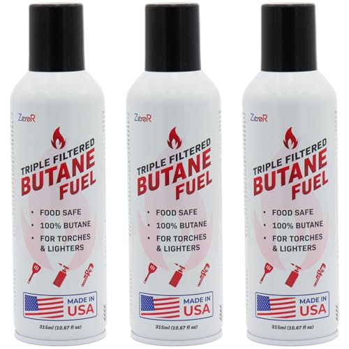 ZeroR® 100% Butane Fuel Refill | 10.67 fl oz 315ml | Made in USA | Butane Refill for Torch Lighter, Kitchen Torch, Refillable Lighters, 3 Cans