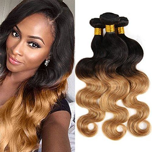Aigemei Hair Virgin Remy Peruvian Hair 4 Bundles 20"22"24"26" With Ombre Black To Blonde Extensions And Ombre Two Tones Blonde Hair 1B/27 100g/Bundle