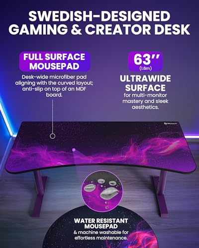 Image of Arozzi Arena Special Edition Ultrawide Curved Gaming and Office Desk with Full Surface Water Resistant Desk Mat Custom Monitor Mount Cable Management Cut Outs - Purple Galaxy