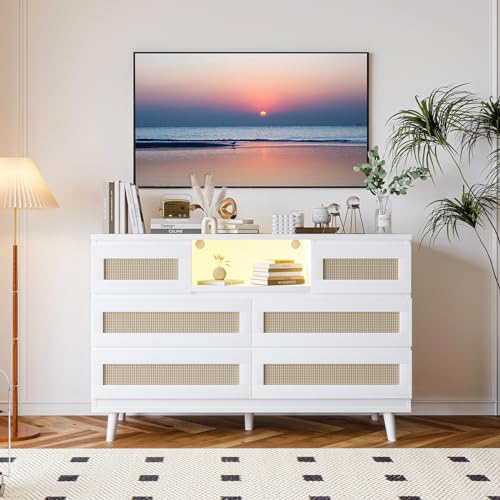 Patikuin Rattan Dresser for Bedroom with 6 Drawers, Natural Wood Durable Dressers & Chests of Drawers with LED Light and Charging Station, TV Stand, Nursery, Entryway, Hallway, White