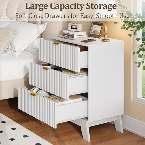 Image of Fluted Nightstand Sets of 2 with 3 Large Drawers, Wooden Side End Table with Elevated Legs for Easy Cleaning, Sturdy Modern Beside Table for Small Space, Bedroom, White, 24 inch L