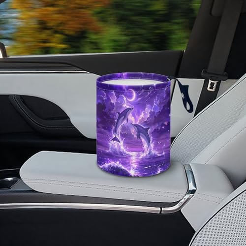 Image of Dolphin Moon Car Trash Can Reusable Foldable Cute Hanging Portable Dustbin Bin Waste Basket Car Accessories Interior for Car SUV Trucks Universal