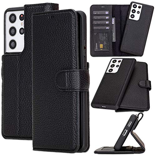 BAYELON Galaxy S21 Ultra Leather Wallet Case [RFID] [Shock-Absorption] [Detachable] [Card Slots] [Kickstand] Full Grain Leather Flip Cover for Samsung Galaxy S21 Ultra (Floater Black)