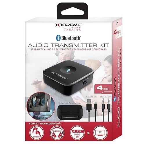 Xtreme 4-Piece Audio Transmitter Kit, Stream Audio to Bluetooth Compatible Headphones/Soundbars, Comes with Transmitter/Wall Mount/Micro-USB Cable/3.5mm Cable, Rechargeable