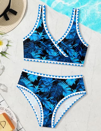 Image of KANGKANG Girls Swimsuit Bikini Set Solid Color V-Neck Two Piece Bathing Suit with Chest Pad Adjustable Straps Swimwear 7-16T
