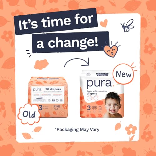 Image of Pura Baby Diapers Size 3-64 Count, 16-28lbs, 12hr Leak Protection, Soft & Gentle Diapers for Hypoallergenic & Sensitive Baby Skin, Toxin-Free*, Organic Cotton, Blowout Blocker, New Size Guide