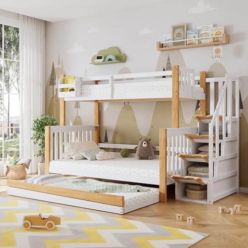 Gelukueub Litera, cama infantil, con protección contra caídas y rejilla, con cama abatible, gabinete de color bloqued, con estante pequeño, pino+MDF, blanco y natural, 90 & 120 x 200 cm