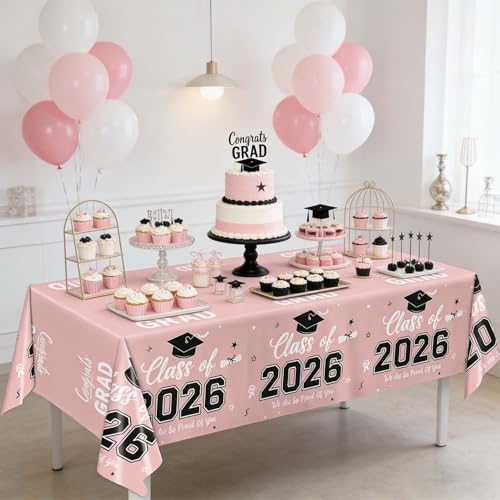 Image of Oigco 2 Pack Pink Graduation Tablecloths, Graduation Decorations Class of 2026, Congrats Grad Plastic Table Cloths for Graduation Party Decorations, 54 x 108 Inch