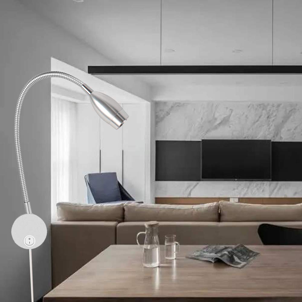 3W Lampe de lecture, Youngine Flexible 3W Lampe de chevet LED avec interrupteur et prise filaire, Applique murale col de cygne pour chambre à coucher, hôtel, bureau, 6000K (Argent-Blanc froid)