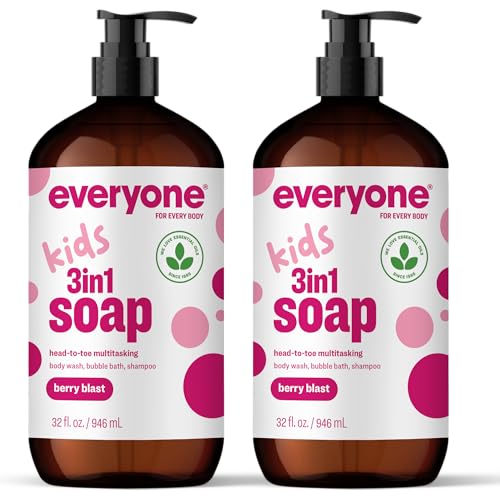 Everyone 3-in-1 Kids Soap Body Wash Bubble Bath Shampoo 32 Ounce (Pack of 2) Berry Blast made with Essential Oils for Toddlers Tweens and Teens