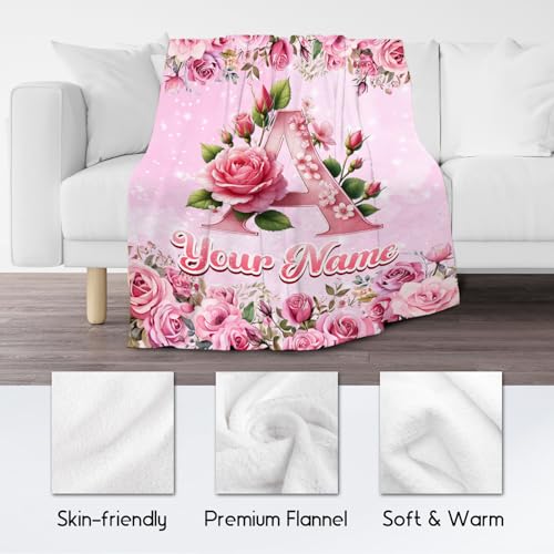 Personalized Flower Blanket - Custom Initial Blanket Gift for Kids - Customized Girls Gifts - Soft Cozy Throw Blankets for Living Room Sofa