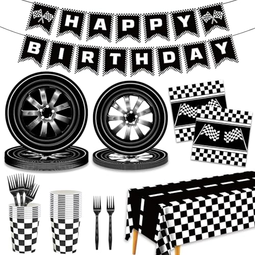 Image of 136 PCS Race Car Birthday Party Supplies Cars Birthday Decorations Tableware Set Racing Party Plates Napkins Forks for Kids Boys Serves 24