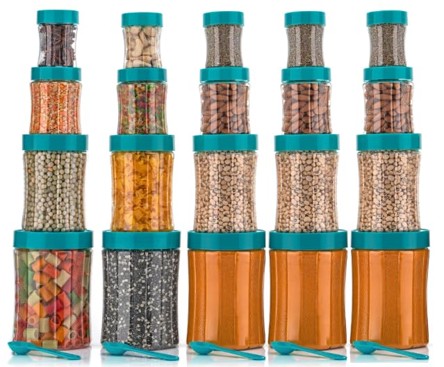 Image of Black Olive Storage Organizer Container Set - Transparent Jar Set for Kitchen with Lids & Spoons, 1200ml, 650ml, 350ml & 250ml Dabba Box for Spices, Snacks, Grocery & Dry Fruits (Green, 24pc)