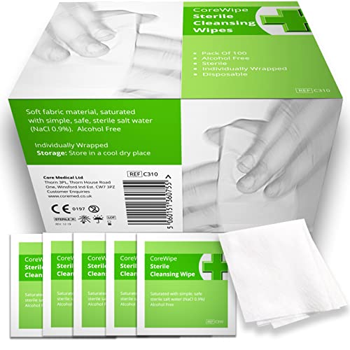 Soft Moist Cleansing Wipes STERILE AND ALCOHOL FREE. Pack Of 100x by Core Medical. For non-sting cleaning of wounds and scrapes at home walking camping and First Aid Kit Refills.