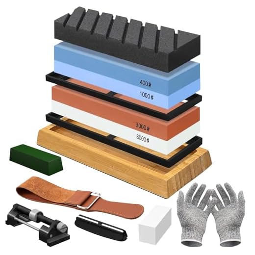 UCAMP Pietra per Affilare,Pietra Affilacoltelli,400/1000 3000/8000 Grana,base antiscivolo, guida angolare, cinturino in pelle,guanti antitaglio,pasta lucidante,Guida di Levigatura,Pietra per Spianare