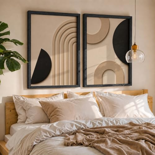 Image of NoWorries Abstract Geometric Wall Painting Set of 2 with Frame | Black Beige Arch & Circle Texture Artwork, Modern Minimal Wall Decor for Living Room, Bedroom, Office and Home Decoration (Art-20, 10x13inch)
