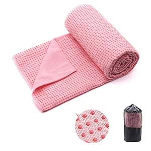 Eunzel Yoga Towel,Hot Yoga Mat Towel with Grip Dots Sweat Absorbent Non-Slip for Hot Yoga, Pilates and Workout 24″ x72″, Pink