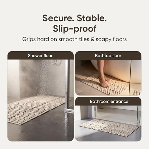 Image of Frido Anti-Slip Bath Mat With Dense Suction Cups | Quick-Drain Design for Faster Drying | Helps Prevent Mould Buildup | PVC Shower Mat For Wet Bathroom Floors | 80x40 cm Rectangular Shape | Warm Beige