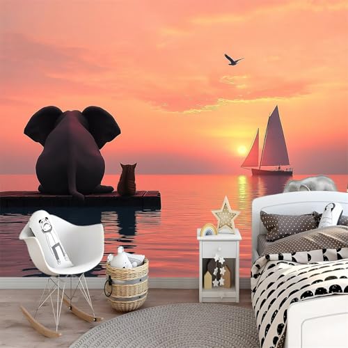 Papier peint coucher de soleil éléphants pour masquer les défauts du mur - 3