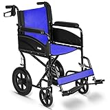 Lightweight Folding Wheelchair - Travel Friendly Foldable Transit Wheel Chair - Adjustable Footrests, Lock Lever Brakes - Blue, Standard 18' Seat