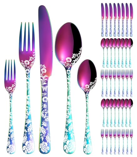 XIAOYU 40-teiliges Besteckset mit Pfingstrosenblüten, Besteckset aus Edelstahl, Besteckset für 8 Personen, Messer, Gabeln, Löffel, Utensilien für...