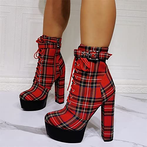 Frankie Hsu Fashion Platform Chunky Block Heel Red Plaid England Lattice Preppy Look Modern Cool Girl Style Large Big Size Block High Ankle Short Bootie for Women Men2