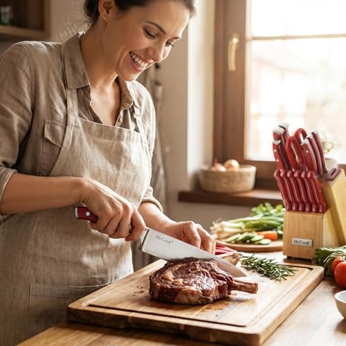 Image of McCook Knife Sets, High Carbon Stainless Steel Kitchen Knife Block Sets with Built-in Sharpener, 15 Piece, Forged Triple Rivet,Full Tang, Elegant Red & Stylish Wooden Block for Modern Culinary