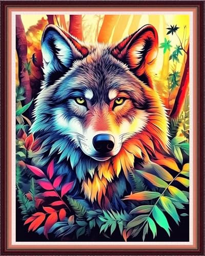 Image of Fanxvivy Stamped Cross Stitch Kits for Beginners Full Range of Cross Stitching Preprinted Embroidery Kits for Adults, 11CT Embroidery Pattern Needlepoint Kits-Forest Colored Wolf 16x20 inch