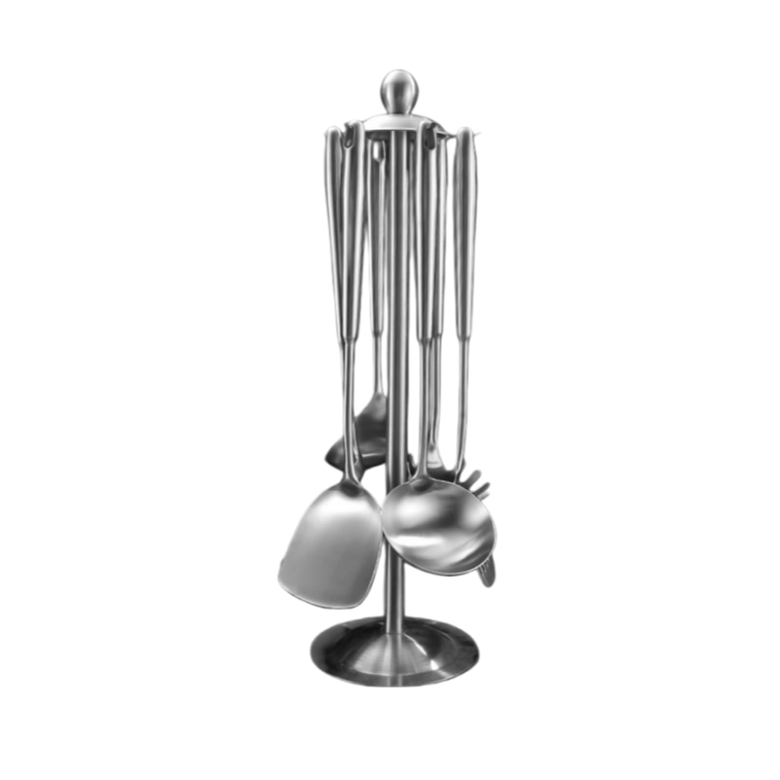 Set di utensili da cucina in acciaio inox 304 con supporto girevole, set di 7 pezzi, manici in ebano resistenti al calore e antiscottatura, finitura a specchio.