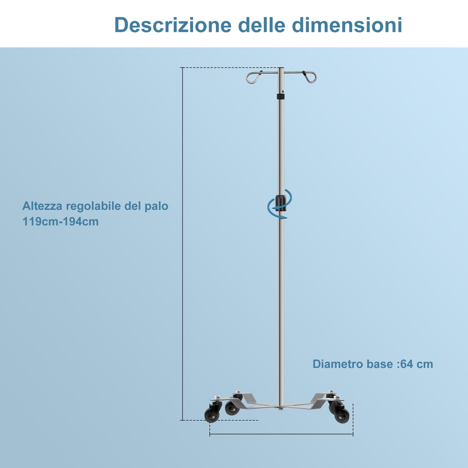 2 Pezzi Aste Portaflebo, Aste Mediche Portaflebo,Asta Per Flebo,Asta Flebo, con 2 Ganci in Acciaio 4 Ruote, 304 Acciaio Inossidabile