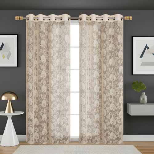 Image of Fabrilia Tree Pattern Net Sheer Curtains for Window 5 feet | Premium Transparent Curtain with Elegant All-Over Tree Design | Cream | Pack of 2