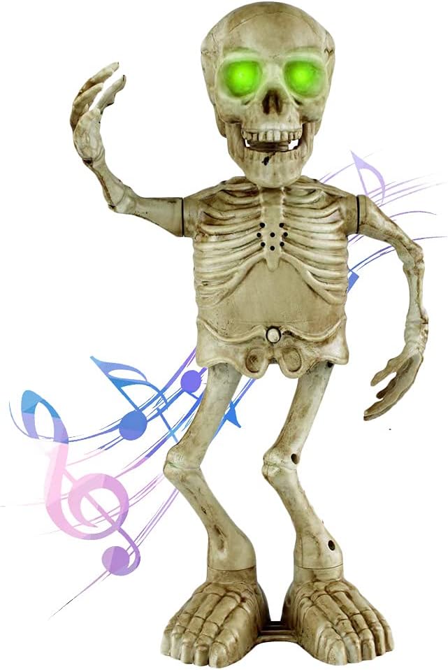 Skeleton Animated Props Indoor Outdoor Dancing Skeleton Halloween Skull Decorations Singing with LED Eyes Batteries Operated Creepy Skeleton Props for Kids Haunted House Decor(16 Inch)